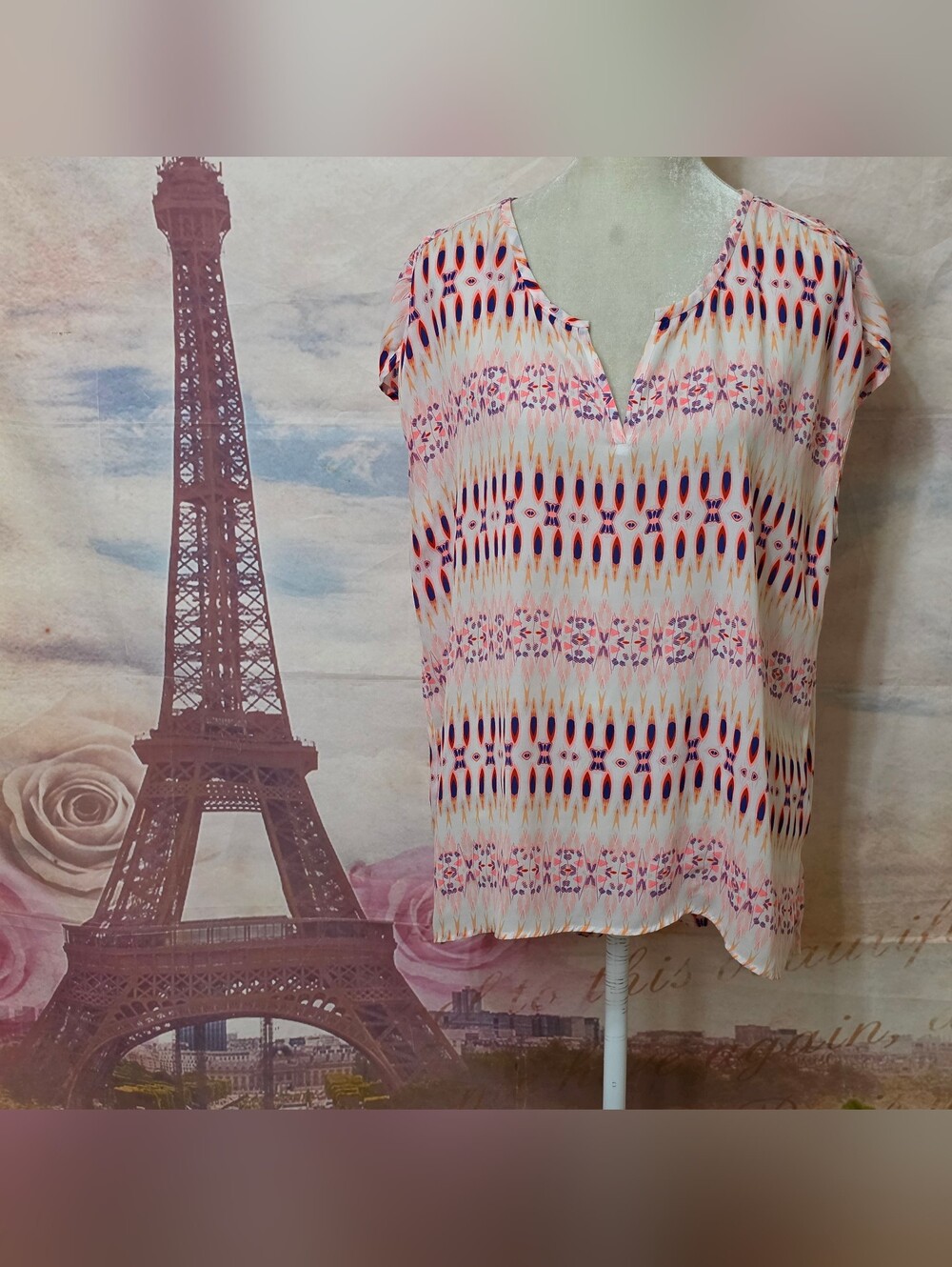 STYLUS Pink Multi Patterned V-Neck Short Sleeve Blouse Sz XL